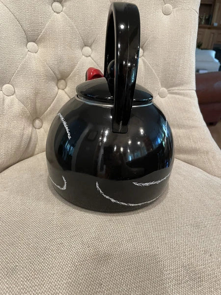 Black Cat Teapot ~ Whistling Kitty Tea Kettle ~ Baked Enamel ~ Ancona ~ Vintage