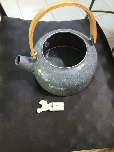 Gray Enamel Metal Teapot Tea Kettle Wood Handle Rooster Whistler