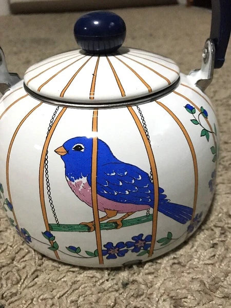 VINTAGE WHITE ENAMEL COFFEE POT Robin/ Blue Bird In A Cage
