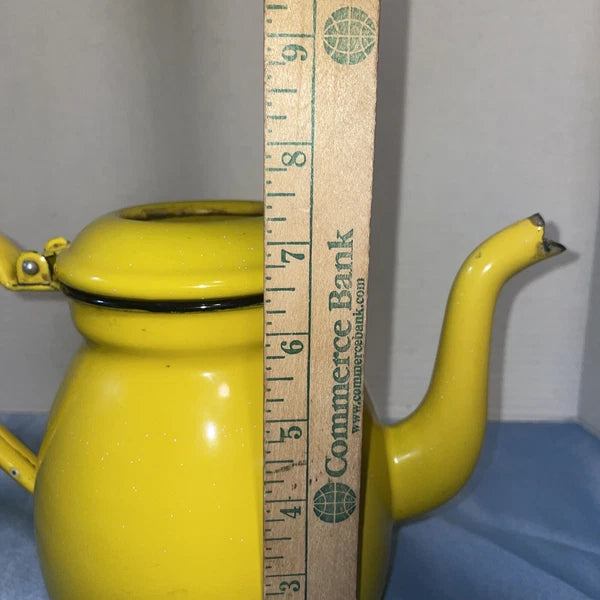 Vintage Yellow MCM Enamel Teapot Kettle W/Handle Top Glass Knob Missing See Pics