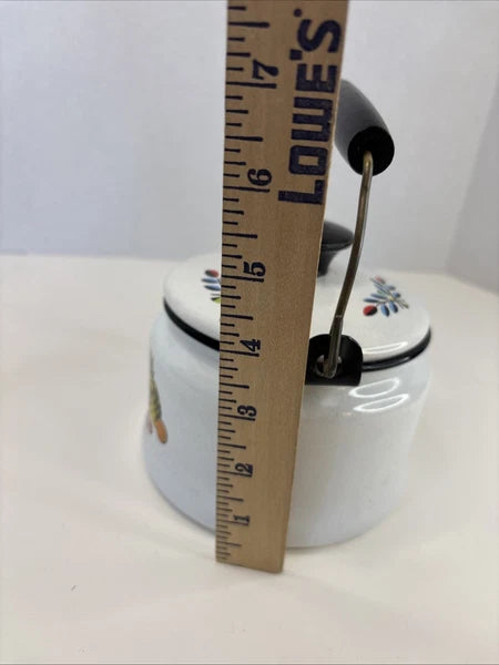 VTG White ENAMEL TEA KETTLE Colorful Fruit Bowl Decoration Wire & Wood Handle