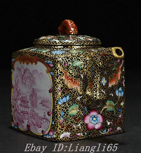 5.5" Old Qing Dynasty Enamel Colour Porcelain Gilt landscape Wine Tea Pot Flagon-