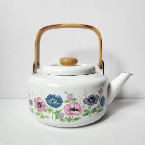 Vintage National Housewares Teapot Kettle Floral Country Garden Bamboo 1987