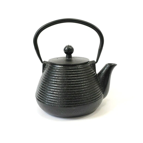Cast Iron Black Ribbed Tea Pot Teapot Tea Kettle Enamel with Lid and Handle