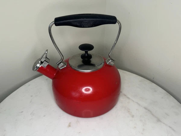 Chantal Whistling Tea Kettle Pot Red Enamel Steel Brushed Stainless Lid 2 Qt