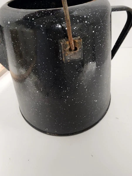 Vintage Enamelware Coffee Tea Pot, Camping Kettle Black Speckled 8” Tall No Lid