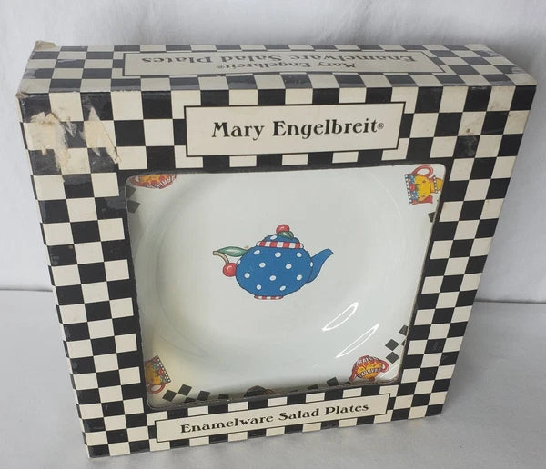Vtg Mary Engelbreit Enamel Teapot Plate Set 4 Salad Dessert Plates Box New