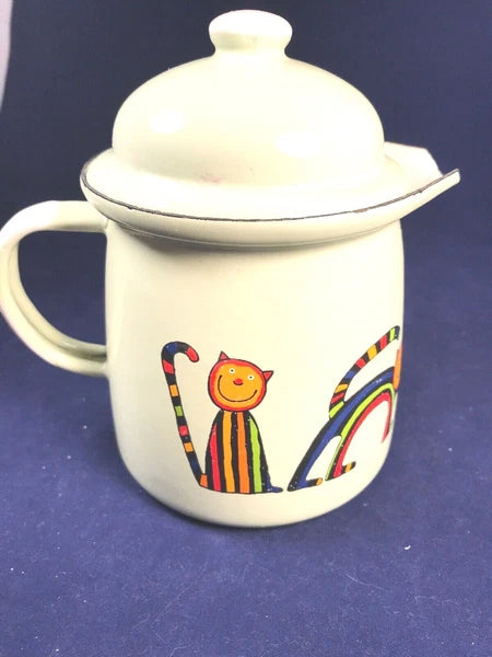 Checklasavakian? Prague Children’s Or Small Enamel Teapot 2 Cups Cats Rainbows