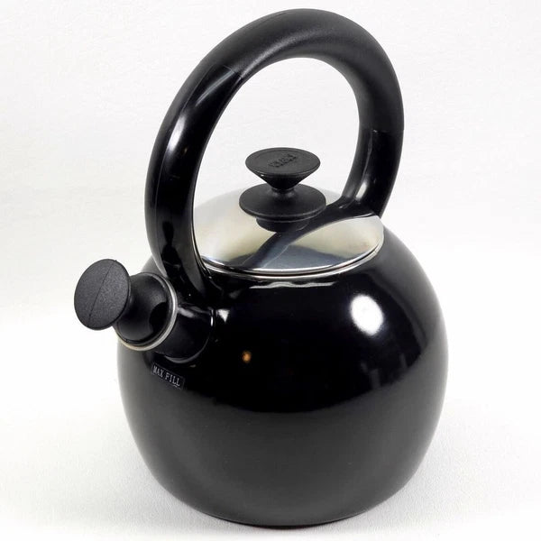 Copco Whistling Teapot Tea Kettle Pot Onyx Black Enamel With Handle and Lid EUC