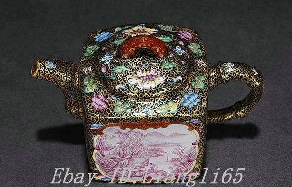 5.5" Old Qing Dynasty Enamel Colour Porcelain Gilt landscape Wine Tea Pot Flagon-