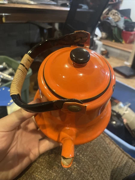 VTG Retro Asahi Japan Orange Enamelware Tea Pot Kettle Rattan Wrap Handle