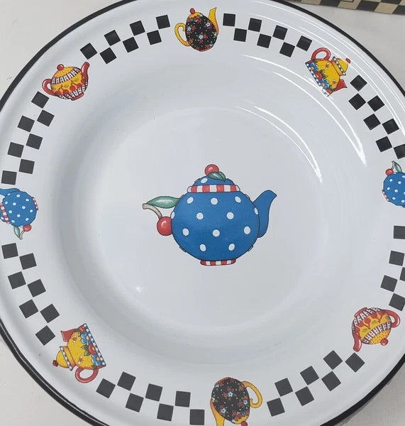 Vtg Mary Engelbreit Enamel Teapot Plate Set 4 Salad Dessert Plates Box New