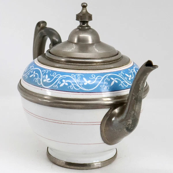 Antique American Manning, Bowman & Co. Pewter & Enamel Teapot c. 1880