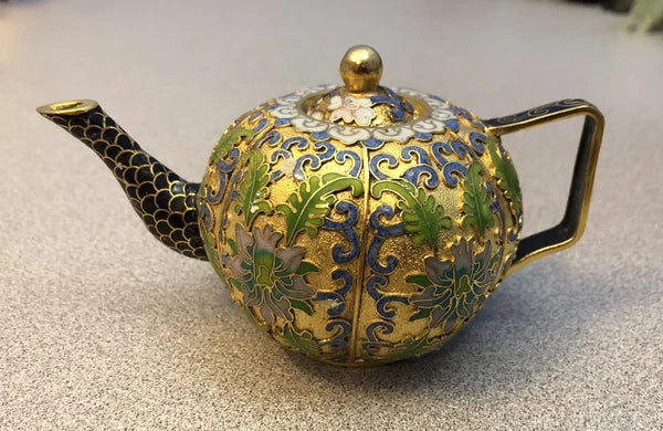 Vintage Cloisonne Enamel and Bronze Floral "Pumpkin" Teapot, Black Tip White Top