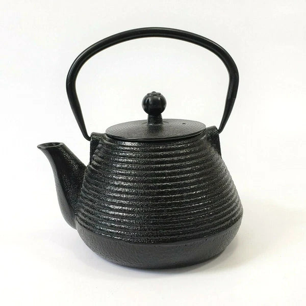 Cast Iron Black Ribbed Tea Pot Teapot Tea Kettle Enamel with Lid and Handle