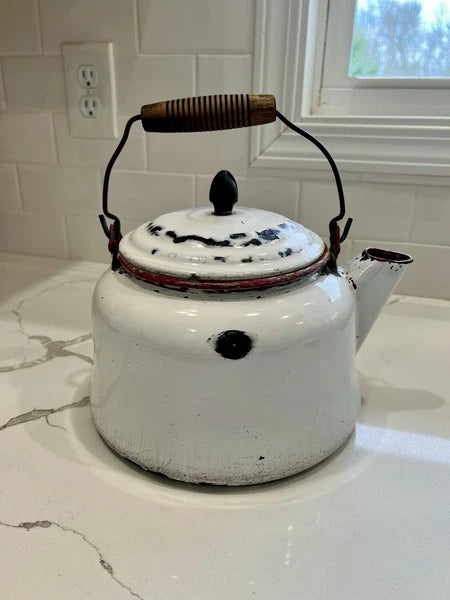 VTG Enamelware Tea Kettle Very Rustic W/Vintage Charm Whitewash/ Red Trim
