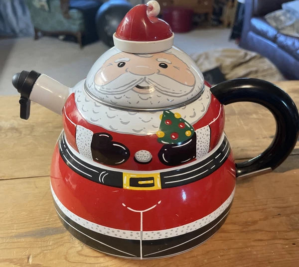 ROSCHO Jolly Santa Claus Enamel Whistling Tea Pot Kettle Holiday 3 Qt Christmas