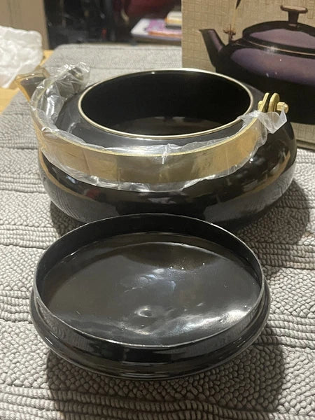 Vintage Eppicure Essentials Black Enamel Tea Kettle Brass Handle  Modern MCM New