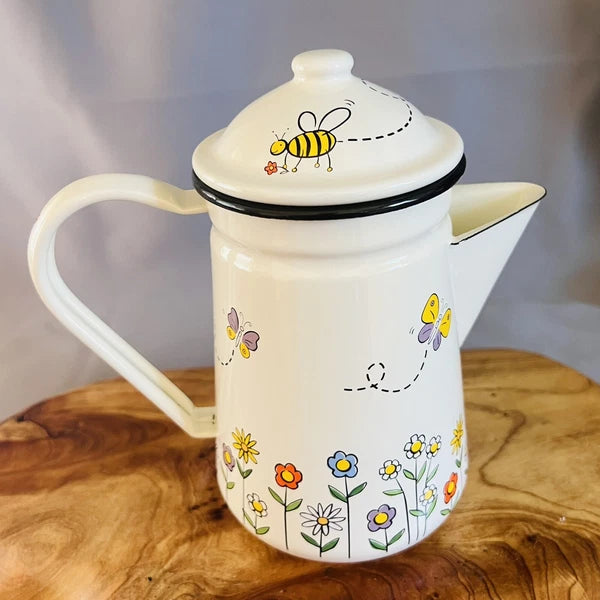Vintage Enamel Coffee Pot Percolator Flowers Butterfly Bumblebee MCM Enamelware