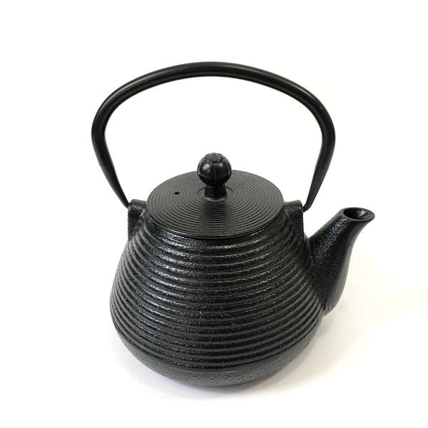 Cast Iron Black Ribbed Tea Pot Teapot Tea Kettle Enamel with Lid and Handle
