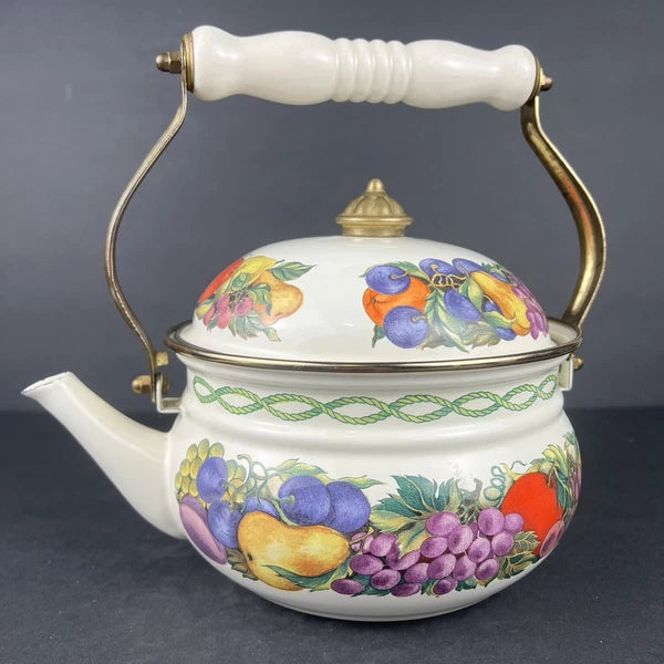 Vintage Lincoware Enamel Tea Kettle CORNUCOPIA Fruit Farmhouse Kitchen