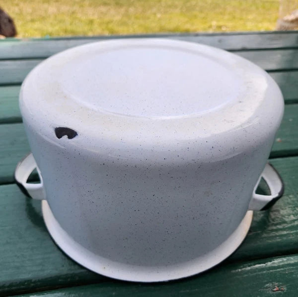 Vintage White Enamelware Kettle, Coffee Pot w/Glass Top w/lids & Flowery Bowl