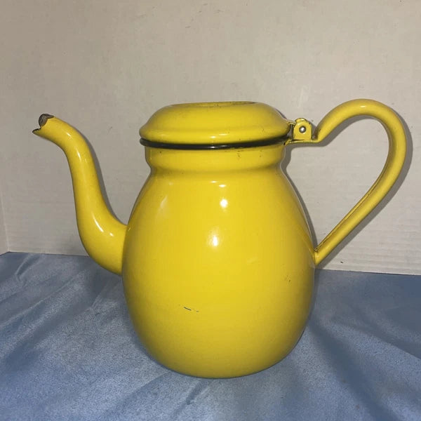 Vintage Yellow MCM Enamel Teapot Kettle W/Handle Top Glass Knob Missing See Pics