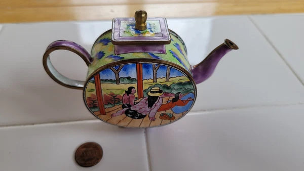 Miniature Brass & Enamel Decorative Tea Pot/Kettle, Women Relaxing Woman