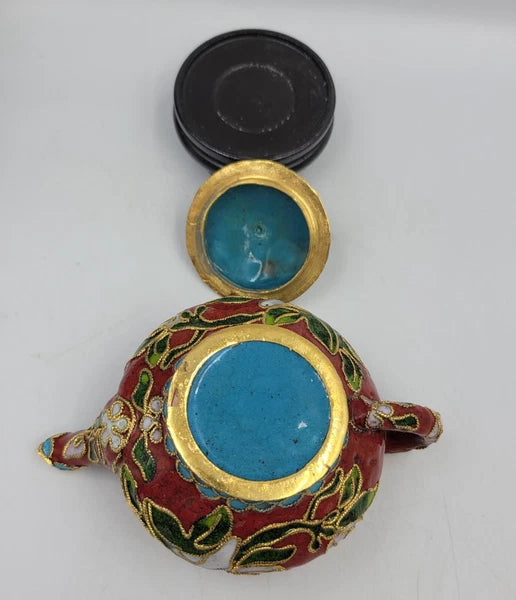 Chinese Enamel Cloisonné Miniature Teapot w/Box And Wood Stand Vintage