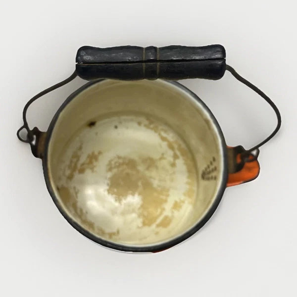 Vintage 1940s Orange Enamel Tea Kettle with wood handle Matching Lid 7”