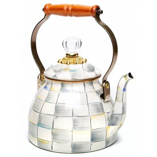 Enamel Tea Kettle, Stylish Tea Kettle for Stovetop, Grey-and-White Sterling Chec