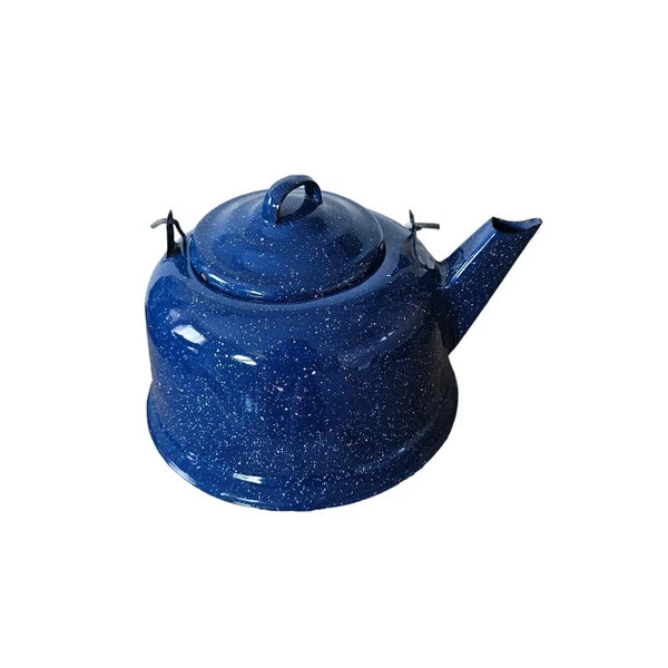 Vintage Enamel Ware Blue Speckled Tea Pot Camping Wire Spiral Handle