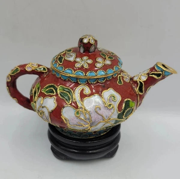 Chinese Enamel Cloisonné Miniature Teapot w/Box And Wood Stand Vintage