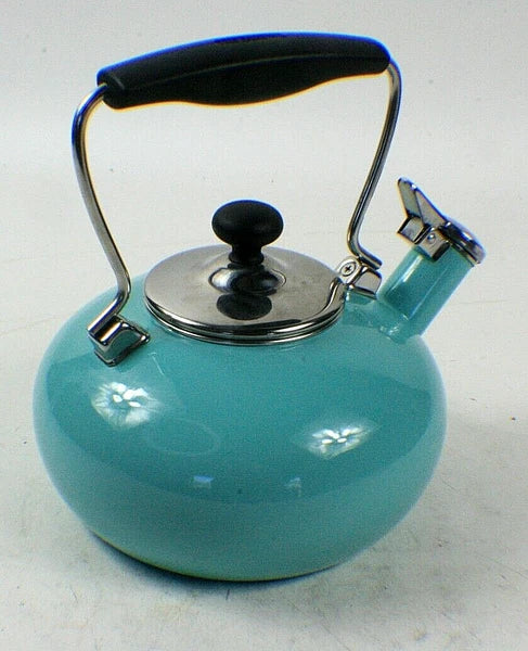 Chantal Whistling Stovetop Tea Kettle Pot 1.8 Qt.  Enamel Turquoise Aqua Blue