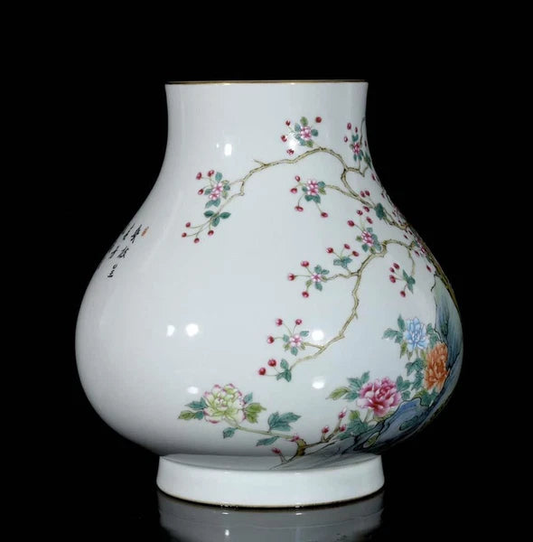 24CM Qianlong Signed Old Chinese Colour Enamel Vase W/bird N3729