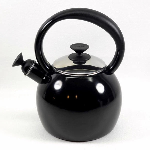 Copco Whistling Teapot Tea Kettle Pot Onyx Black Enamel With Handle and Lid EUC