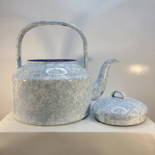 Blue & White Enamel Spatterware Swirl "Country Kitchen" Tea Kettle 7" Dia 8" T