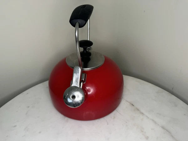Chantal Whistling Tea Kettle Pot Red Enamel Steel Brushed Stainless Lid 2 Qt