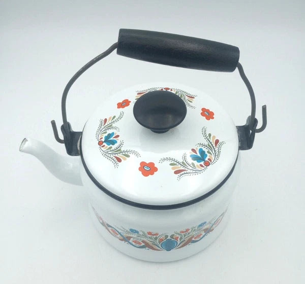 Vintage Berggren Swedish Folk Art  Enamelware Floral Handled Tea Pot Tea Kettle