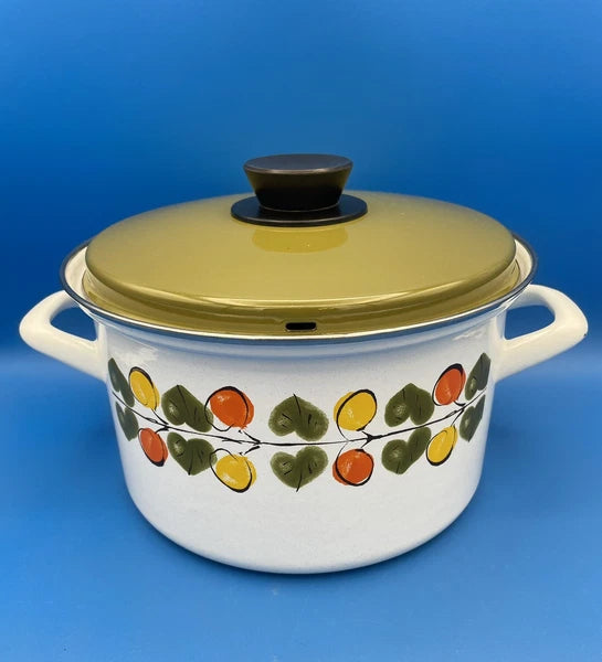 Vintage Enamel Large 9" Pot and Lid Lemon Orange Leaves Austria Email MCM