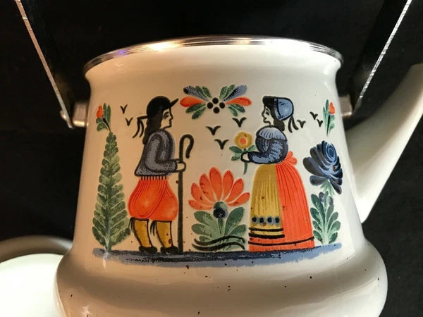 Unusual Quimper Enamel Tea Kettle,Tea Pot  French Peasants, Wood & Metal Handle