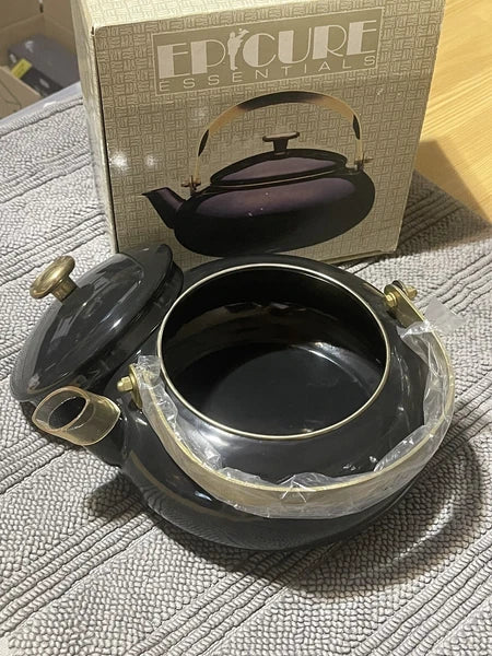 Vintage Eppicure Essentials Black Enamel Tea Kettle Brass Handle  Modern MCM New