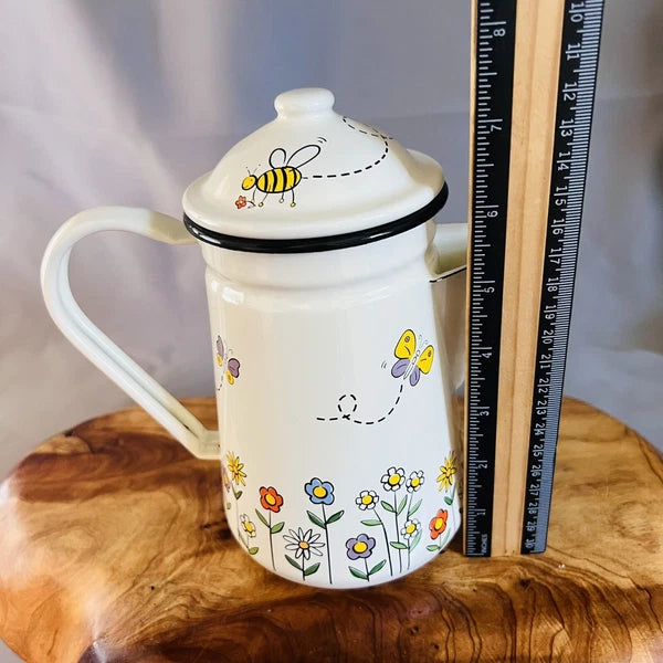 Vintage Enamel Coffee Pot Percolator Flowers Butterfly Bumblebee MCM Enamelware