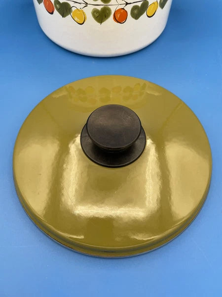 Vintage Enamel Large 9" Pot and Lid Lemon Orange Leaves Austria Email MCM