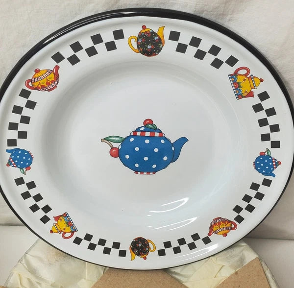 Vtg Mary Engelbreit Enamel Teapot Plate Set 4 Salad Dessert Plates Box New
