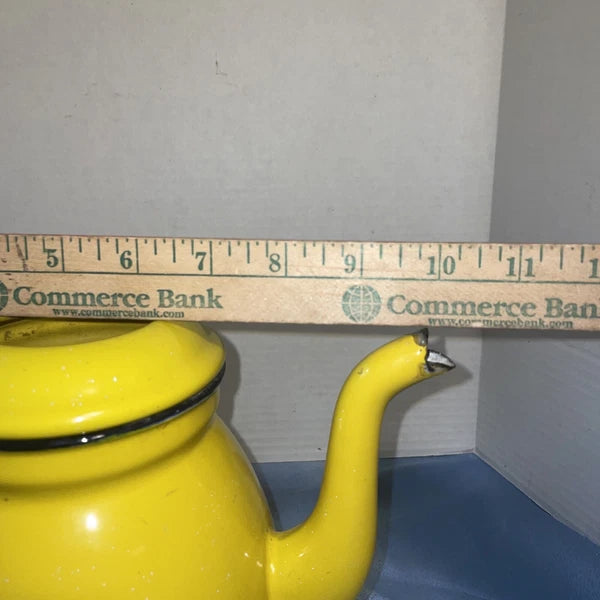 Vintage Yellow MCM Enamel Teapot Kettle W/Handle Top Glass Knob Missing See Pics