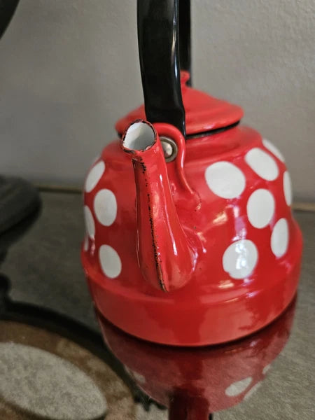 Vintage Enamelware Polka Dot Teapot / Mid Century Enamel Kettle