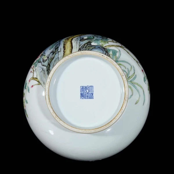 24CM Qianlong Signed Old Chinese Colour Enamel Vase W/bird N3729