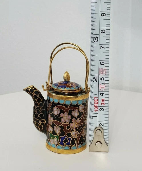 VTG CHINESE CLOISONNE BRASS AND ENAMEL BLACK MINIATURE TEAPOT