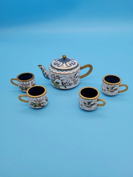 Vintage Chinese Brass Cloisonne/Enamel Miniature Teapot & Cups Flowers Bird Tree